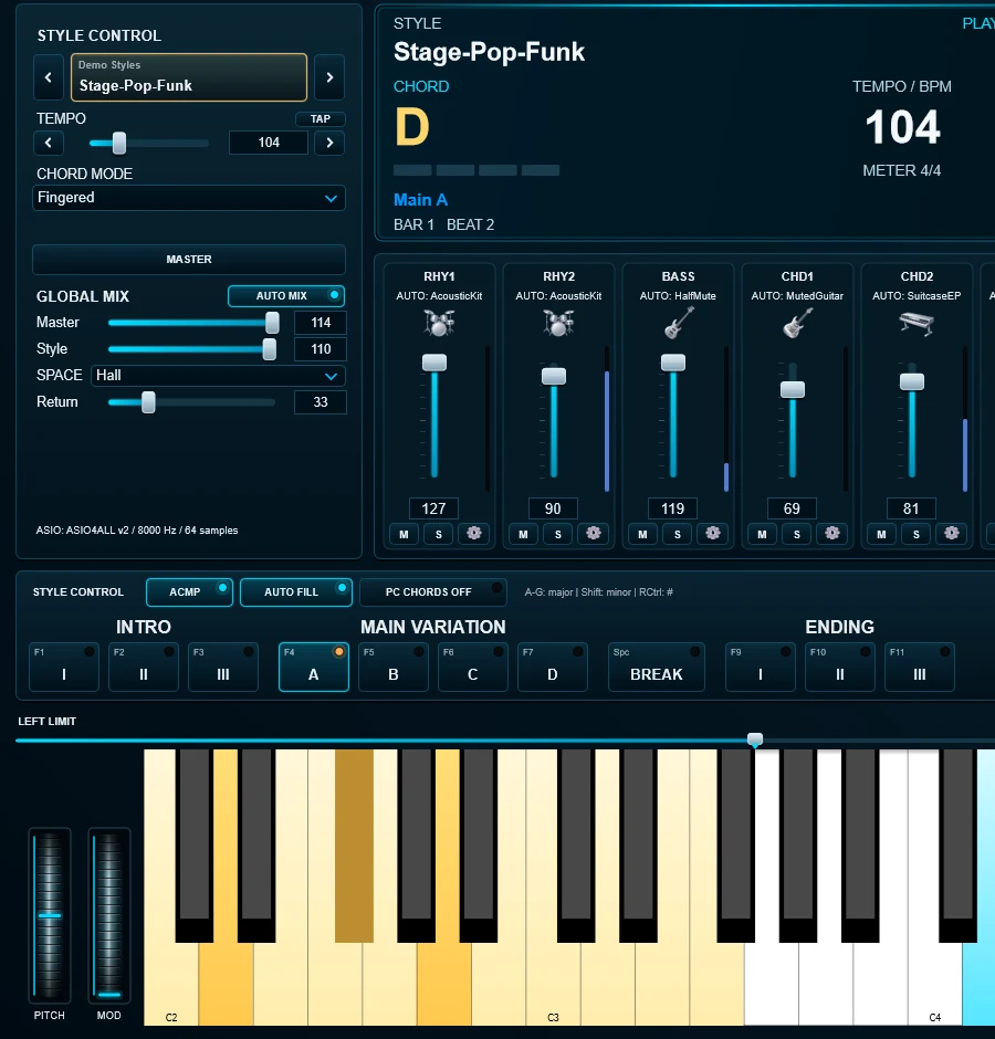 Stage Arranger style control, global mix, Intro and Main variation buttons and the amber chord zone of the keyboard