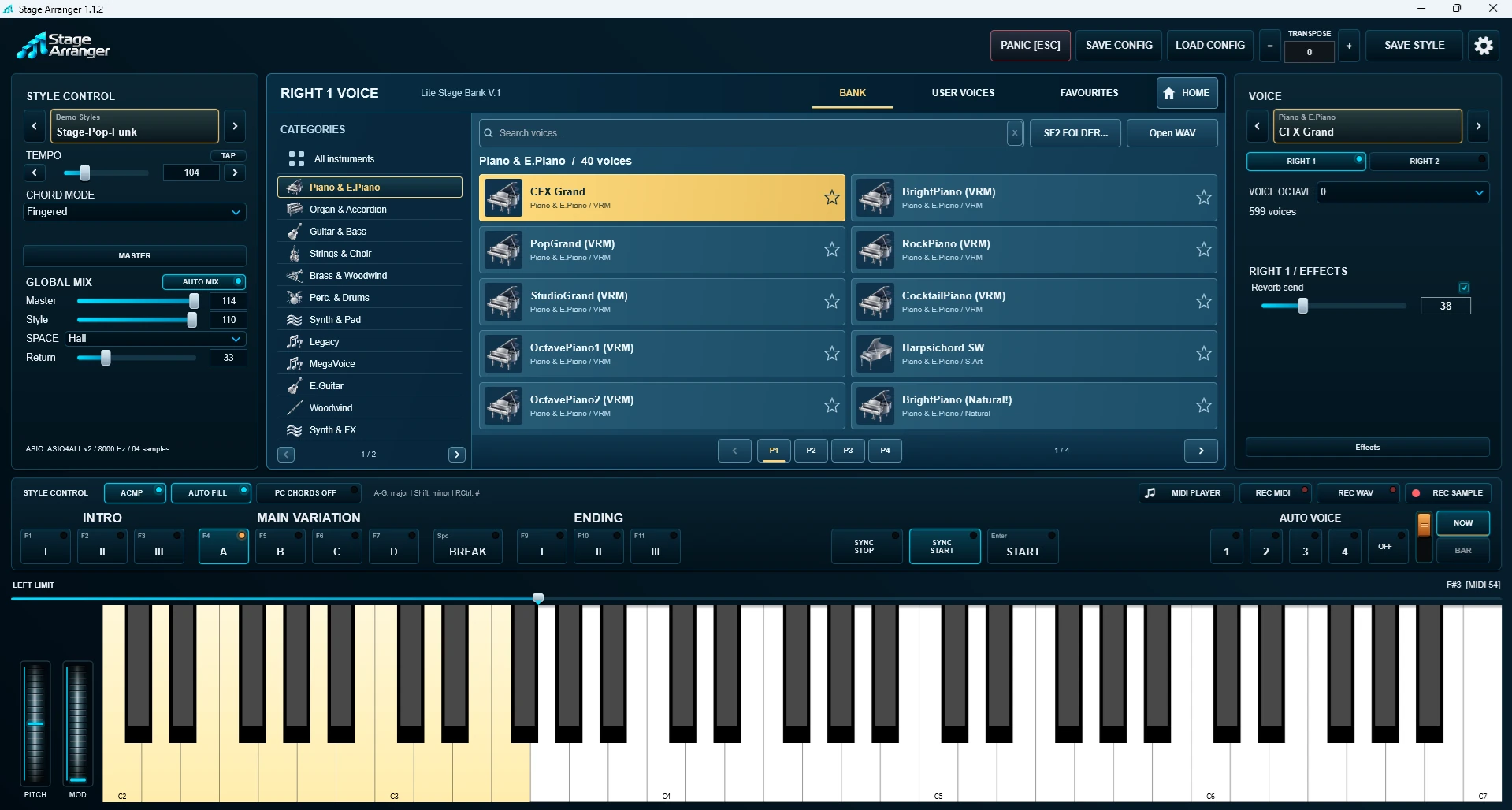 Voice library with instrument categories and a searchable list of piano voices