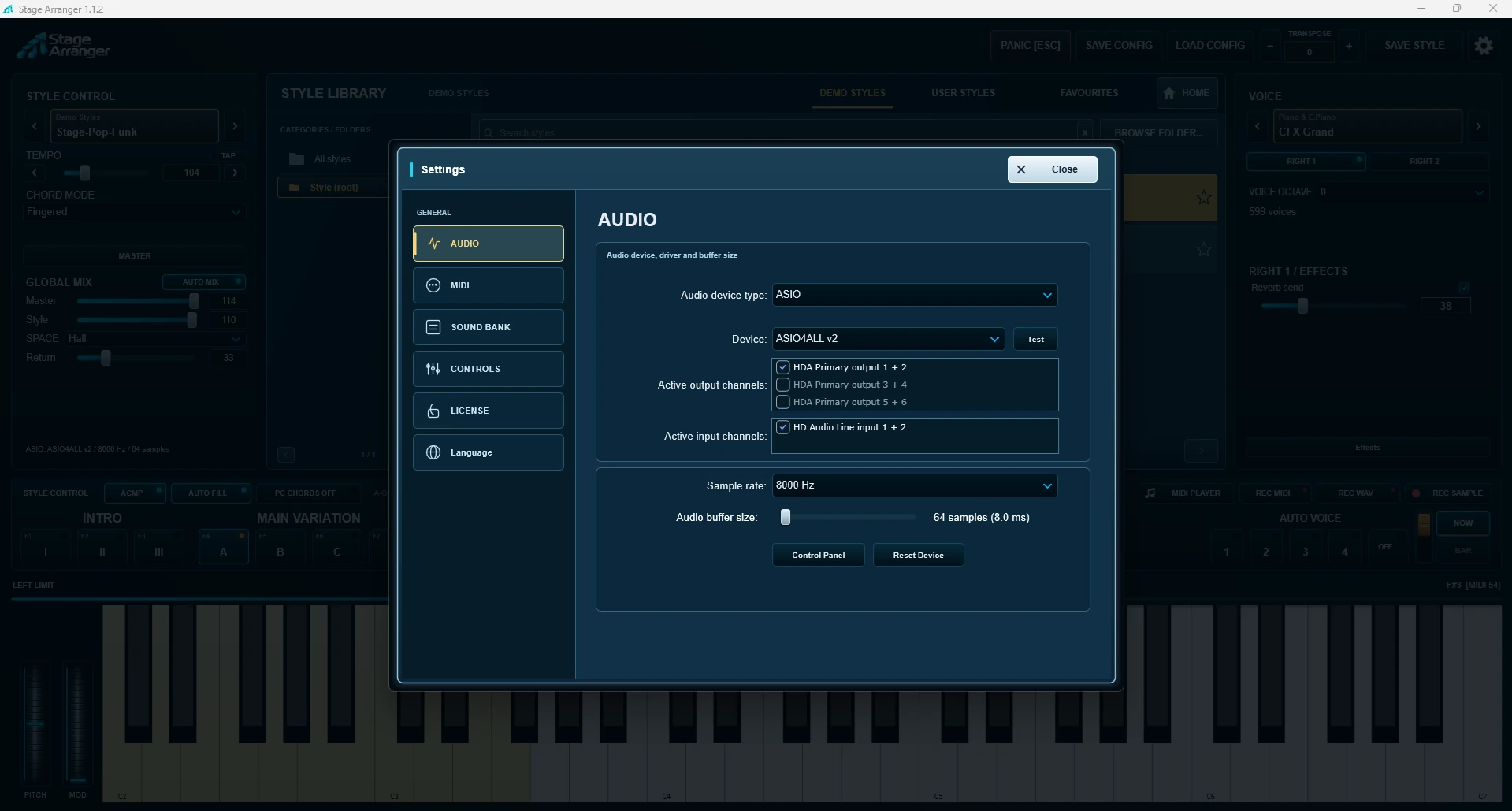 Audio settings with ASIO device, output channels, sample rate and buffer size