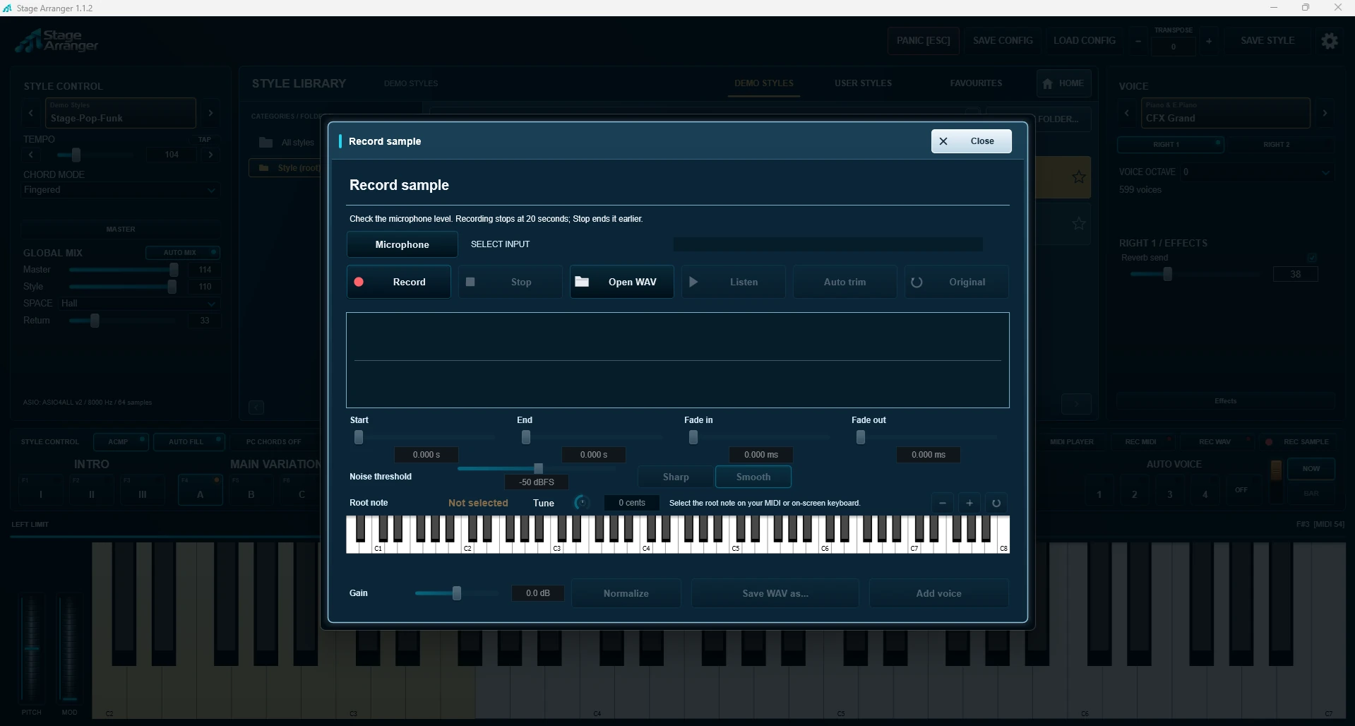 Record sample window with microphone recording, trim, fades and root note selection